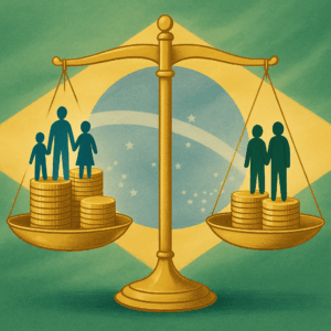 Balança da justiça com pesos desiguais representando a regressividade tributária no Brasil